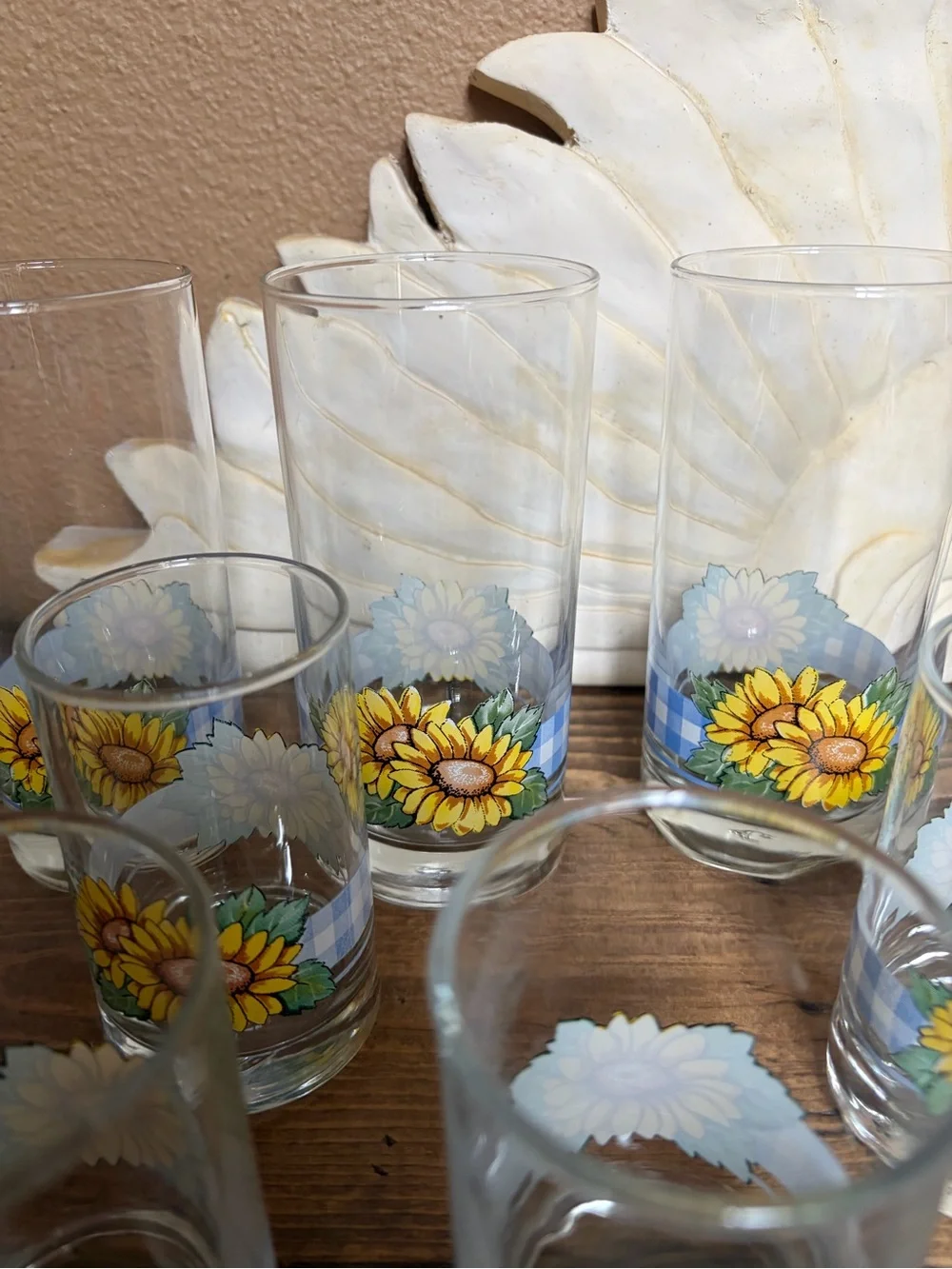 Corelle Vintage Sunflower Blue Plaid Print Drinking Glasses lot of 10!